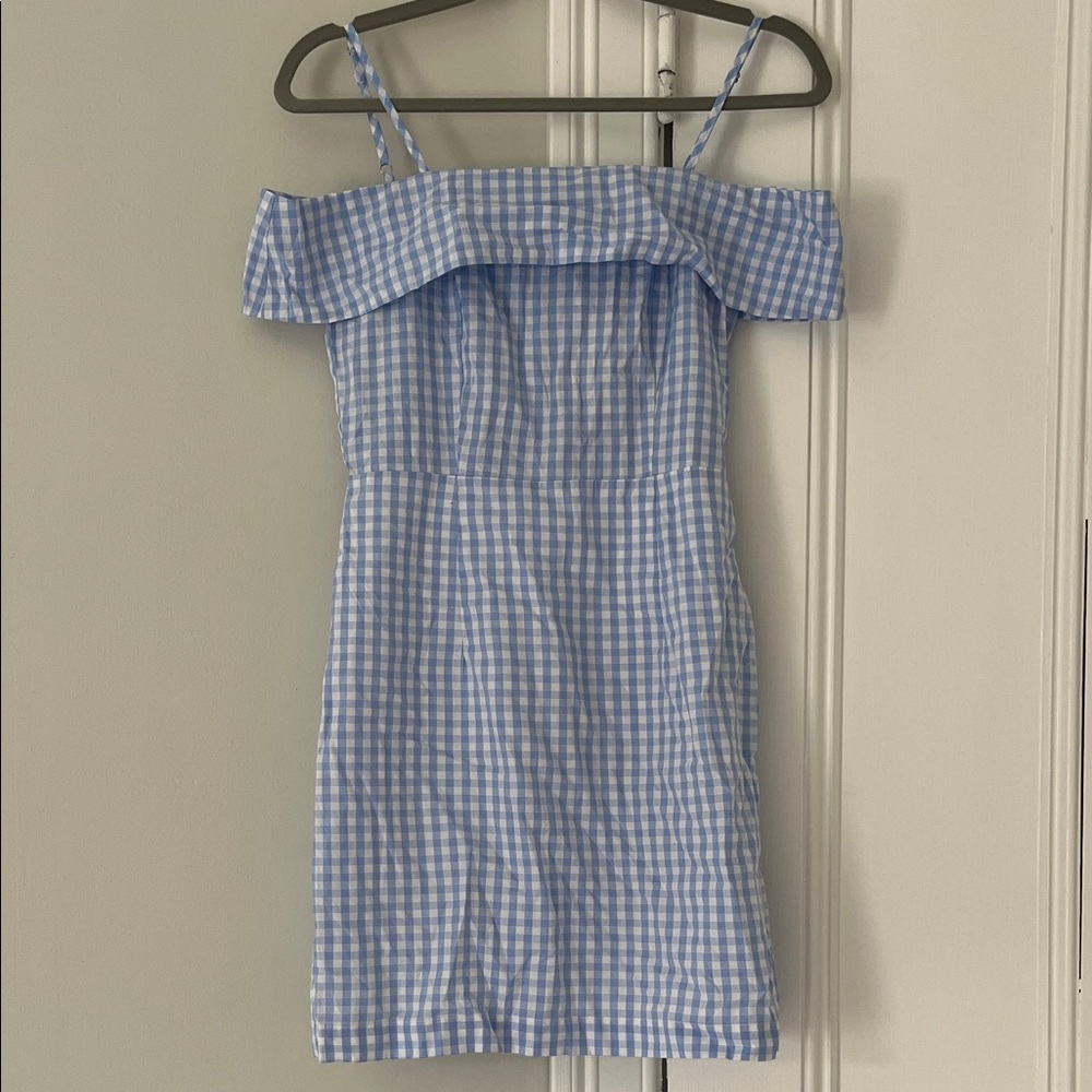 Off The Shoulder Gingham Dress in Blue and White